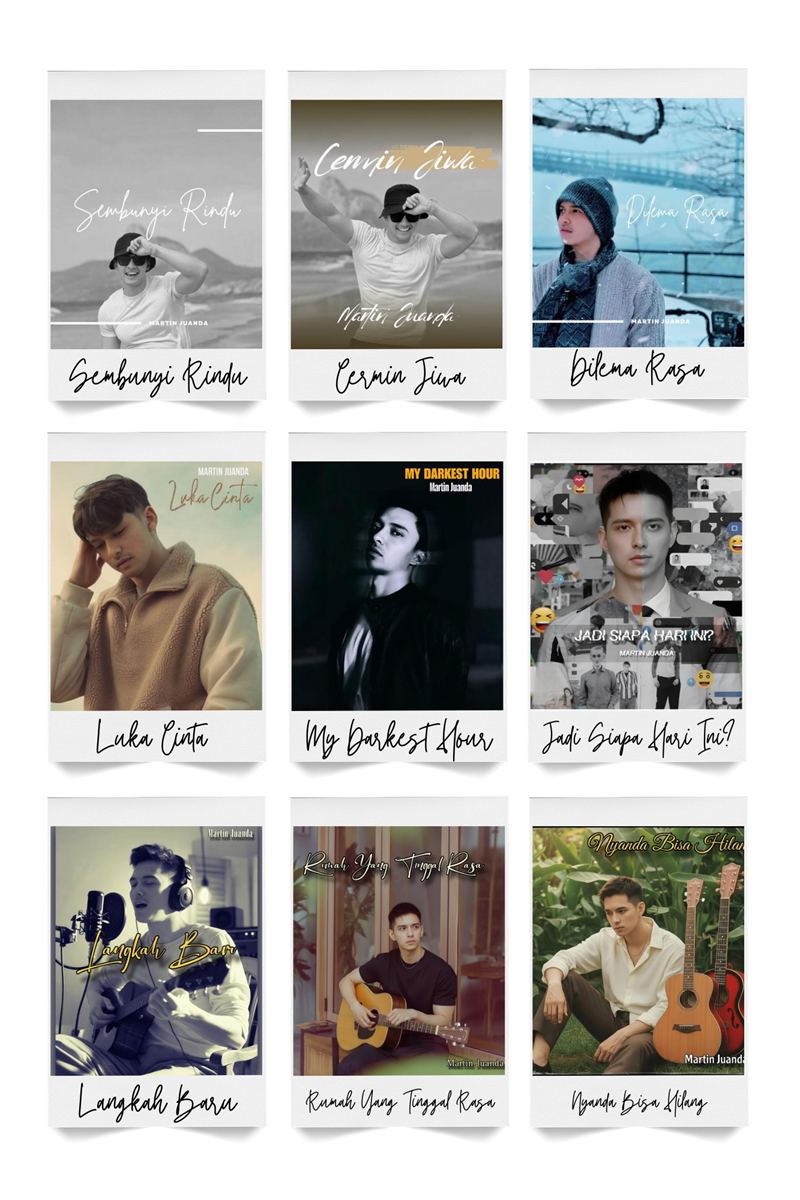 Collage of album covers by Martin Juanda: Dilema Rasa, Langkah Baru, and Luka Cinta